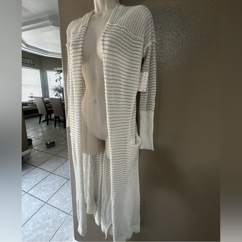 Free People Cream Sheer Striped Long Cardigan